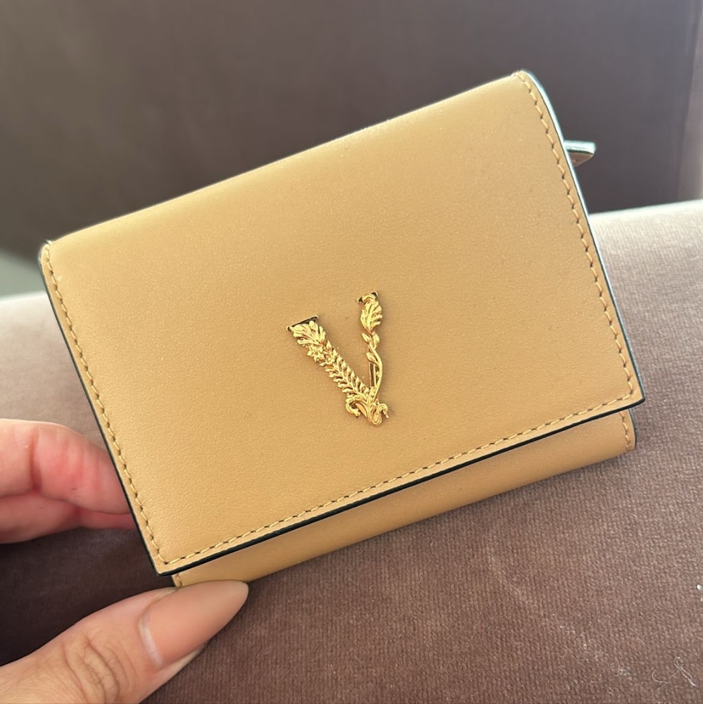 Versace Leather Vitello Virtus V Tri- Fold Wallet in Caramel